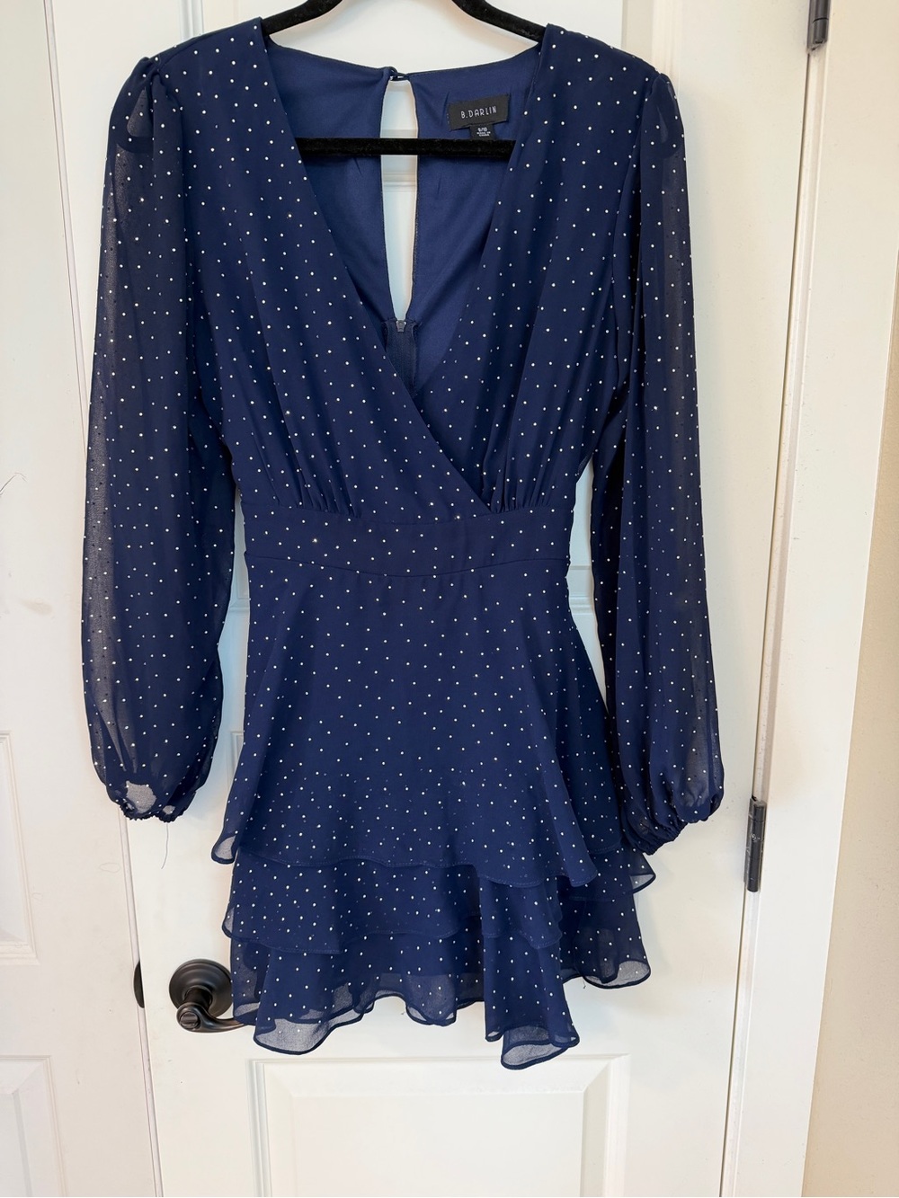 Navy Polka Dot Tiered Mini Dress with Sheer Sleeves